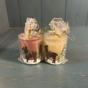 Handpainted Reindeer Candle Set - Red and Cream